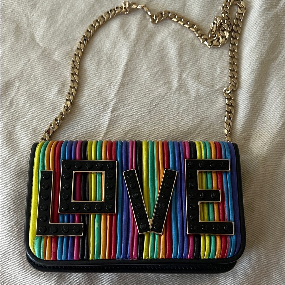 Vibrant Multicolor ' Lego LOVE' Chain Clutch with dust bag